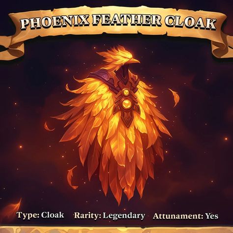 🔸Phoenix Feather Cloak 🔸 Phoenix Dnd, Feather Cloak, Homebrew Items, Claw Game, Dnd Homebrew, Phoenix Feather, Magic Items, Story Ideas, Cloak