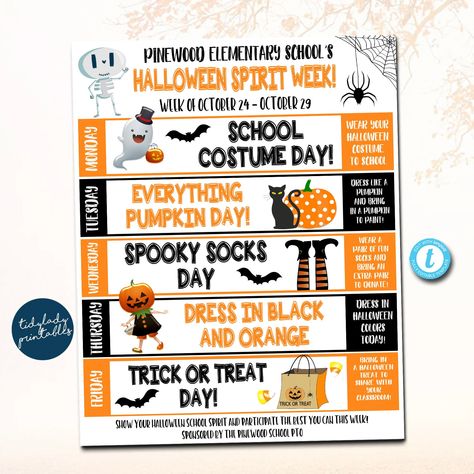 "This cute and fun daily/weekly halloween spirit week itinerary calendar is a great way for kids to show their positive halloween cheer during the fall season! You can print and send home with families and/or upload digitally to send out to families/students. WANT THE BUNDLED SET OF ALL 10 HOLIDAY/SEASONAL SPIRIT WEEK TEMPLATES? FIND IT HERE: https://www.etsy.com/listing/1514818447/school-spirit-week-bundle-set-seasonal?click_key=16c9a6bd95f1b74d7898af7b6fca5ba5bc6f6cc4%3A1514818447&click_sum=ed Preschool Halloween Spirit Week, Halloween Spirit Days For School, Spirit Week October, Spirit Week Ideas For Elementary School, Halloween Dress Up Days For School, Halloween Theme Week Ideas, Halloween Spirt Week Ideas School, Spirit Week Ideas Halloween, Halloween Spirit Week Ideas For Preschool