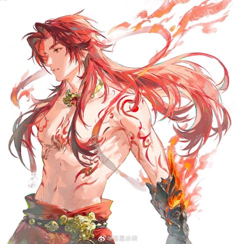 Red Hair Man Drawing, Fire God Character Design, Fire Character Design Male, Phoenix Character Design, Fire Character Design, God Of Fire, Fire God, Asian Style Art, Fire Drawing