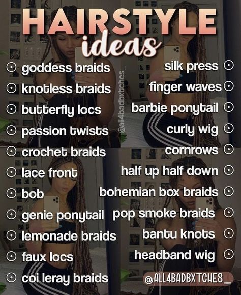 Hair Braid Names, What Braids Should I Get, Braids Names Hairstyles, Hair Inspiration Black Women Braids, Blaxk Girl Hairstyles Braids, Crochet Braid Curly Hairstyles, Style My Braids Hairstyles, Different Types Of Braids For Black Hair Protective Styles, Different Types Of Braids Black Women