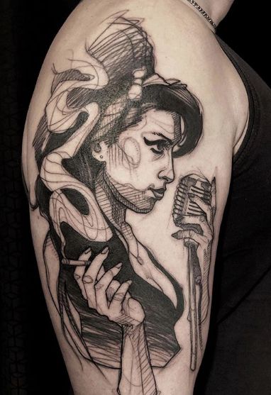 Best 70 Amy Winehouse Fan Tattoos – NSF – Music Magazine Amy Winehouse Tattoo, Music Notes Tattoo, Fan Tattoo, Note Tattoo, Original Tattoos, Tattoo Sketch, Music Tattoos, Dark Tattoo, Tattoo Flash Art