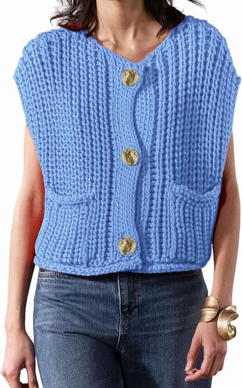 Women's Fashionable Sleeveless Short Knitted Sweater Vest Button Cardigan with Pockets(BLUE,M) at Amazon Women’s Clothing store Chunky Knit Top, Knitted Sweater Vest, Womens Knit Sweater, The Cardigans, Womens Knit Tops, Sleeveless Sweater Vest, Cardigan With Pockets, Open Front Sweater, Sweater Vest Women