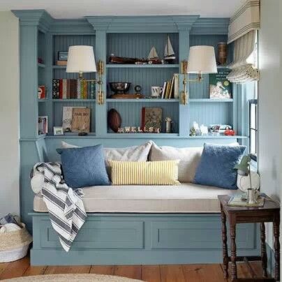 Book nook with twin bed mattress Color Palette For Home, Built In Daybed, Bank Bed, Sweet House, Cozy Reading Corners, Country Living Magazine, 아파트 인테리어, Georgian Homes, Hemnes