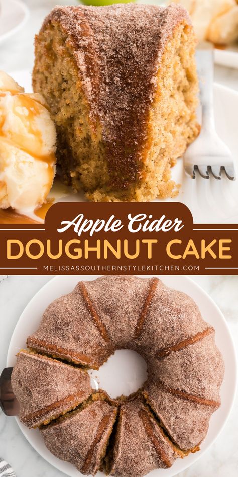 Here's an easy apple dessert! This Apple Cider Doughnut Cake recipe features a flavorful cake infused with apple cider and Granny Smith apple with apple pie spice coated with cinnamon and sugar. Make this your easy Thanksgiving dessert to serve at the Thanksgiving dinner party! Apple Cider Doughnut Bundt Cake Southern Living, Shredded Apple Cake, Apple Cider Frosting Recipe, Apple Cider Doughnut Bundt Cake, Apple Cider Bundt Cake Martha Stewart, Apple Cider Donut Cake Recipe Easy, Martha Stewart Apple Cider Donut Cake, Apple Cider Doughnut Cake Recipe, Apple Cider Pound Cake Recipe