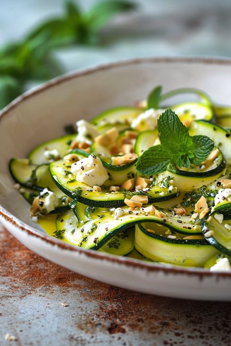 "Experience the Mediterranean: Zucchini Ribbon Salad with Almond Feta and Mint Pesto Recipe" #mediterraneandiet Vegetarian Mediterranean Recipes, Summer Tapas, Mint Pesto Recipe, Mediterranean Zucchini, Zucchini Ribbon Salad, Mediterranean Salads, Ribbon Salad, Mint Pesto, Pesto Recipes