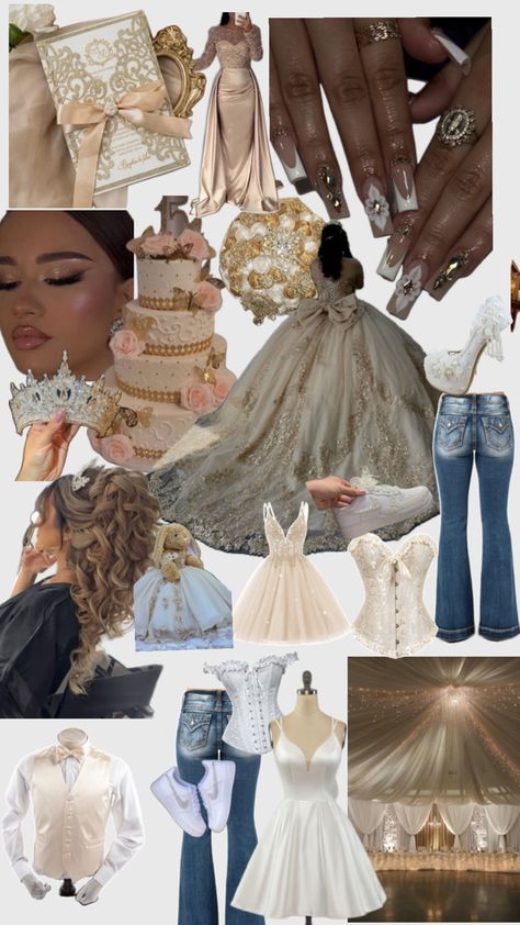 Golden and white quince! Quincenera Dresses Champagne, White And Gold Quinceanera Dresses, Champagne Quinceanera Theme, Gold Quinceanera Theme, Gold Quince Dress, Beauty And The Beast Quince, Quinceanera Dances, White Quince, Quinceanera Theme