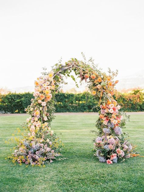 This Is the Perfect Blueprint for How to Do a Pastel Wedding Color Scheme, Oh So Right. Pastel Wedding Theme, Pastel Wedding Colors, Wedding Arch Flowers, Spring Wedding Colors, Rainbow Wedding, Spring Wedding Inspiration, Spring Wedding Flowers, Garden Party Wedding, Ceremony Flowers