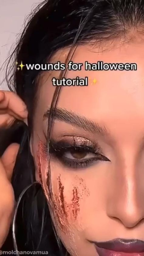 Halloween makeup | Halloween makeup, Amazing halloween makeup, Halloween makeup inspiration Face Scar Makeup Halloween, Pretty Scary Halloween Makeup Looks, Easy Fx Makeup Ideas, Special Effects Makeup For Beginners, Scar Putty Makeup Looks, How To Make A Wound With Makeup, Simple Gore Makeup, Fake Stitches Makeup, Missing Eye Sfx Makeup