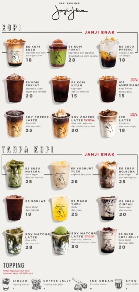 Kopi Janji Jiwa Menu, Menu untuk Kopi Janji Jiwa, Cengkareng, Jakarta - Zomato Indonesia Cafe Drink Menu Design, Menu Design Ideas Cafe, Coffee Menu Design, Drink Menu Design, Menu Coffee, Street Food Business, Menu Cafe, Cafe Menu Design, Bakery Shop Design