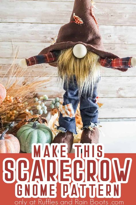 How To Make Standing Gnomes, How To Make Scarecrows, Diy Sitting Scarecrow, Garden Scarecrow Ideas Diy, Making A Scarecrow Diy, Scarecrow Gnome Diy, Gnome Scarecrow Ideas, Autumn Gnomes Diy, How To Make A Scarecrow Hat