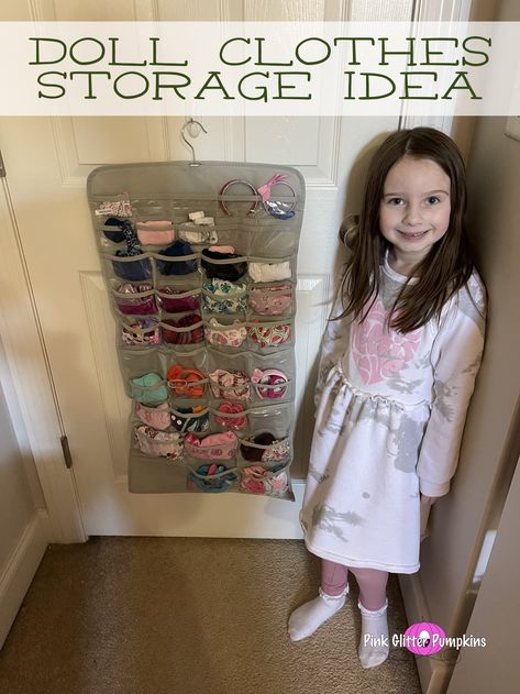 A big problem area in our playroom is the amount of toys Melody has and her inability to really ... Doll Clothes Organization, Baby Clothing Storage, Doll Clothes Storage Ideas, Doll Clothes Storage, Clothes Storage Ideas, Noodles Ideas, Doc Mcstuffins Party, Doll Storage, A Lot Of Clothes