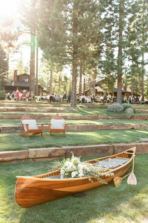 October Lake Wedding, Colorful Lake Wedding, Lake Reception Ideas, Kayak Wedding Theme, Lakeside Wedding Decor, Small Lake Wedding Ideas, Canoe Cooler Wedding, Wedding Canoe Decor, Canoe Wedding Decor