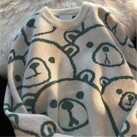 Mushini - Bear Print Knit Sweatshirt Couples Sweaters, Blue White Top, Outfit Korean, Y2k Long Sleeve, Y2k Tops, Korean Fashion Casual, Long Sleeve Tops Casual, Streetwear Y2k, Warm Sweaters