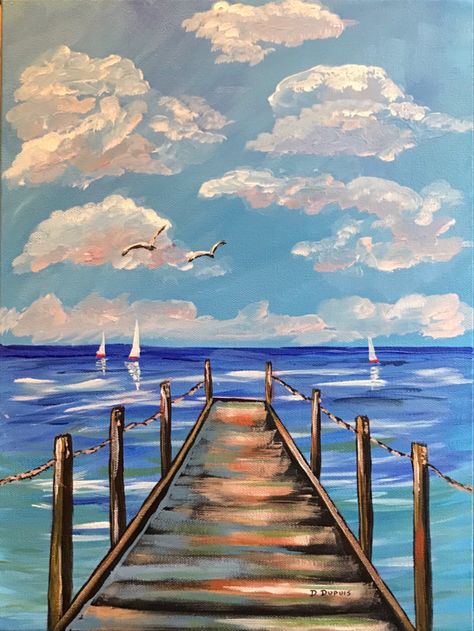 Easy Seascape Painting, Summer Painting Acrylic, Landscape Ocean Painting, Summer Landscape Drawing, Simple Beach Painting Ideas, Intermediate Painting Ideas, Beach Scenes Drawing, Ocean Landscape Drawing, Beach Landscape Drawing