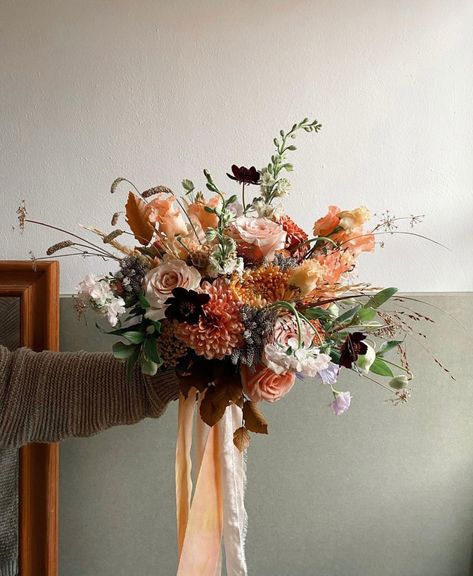 Wedding Florals Earth Tones, Big Fall Wedding Bouquets, Sage And Terracotta Bouquet, Terracotta Florals Wedding, Muted Fall Bouquet, Anemone Wedding Bouquet Fall, Whimsical Bridal Bouquet Fall, Terracotta Bride Bouquet, Terra Cotta Bridal Bouquet