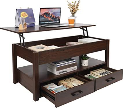 ALAPUR Lift Top Coffee Table with Drawers and Hidden Compartment, Lift Tabletop with Storage Shelf, Rising Tabletop Dining Table for Living Room, Espresso Coffee Table With Hidden Storage, Lift Coffee Table, Coffee Table With Drawers, Lift Top Coffee Table, Sofa End Tables, Nesting Coffee Tables, Furniture Deals, Living Room Coffee Table, Coffee Table With Storage