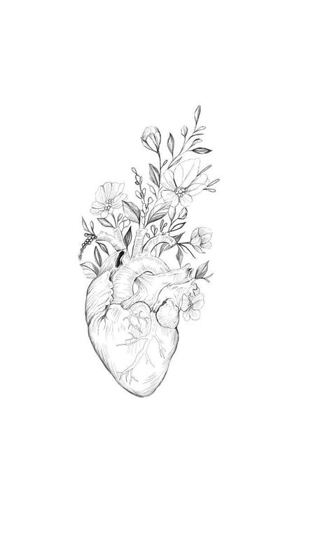 Anatomical Heart Tattoo Watercolor, Feminine Heart Tattoos, Flower Brain Drawing, Heart Organ Wallpaper, Floral Heart Drawing, Heart Organ Tattoo, Anya Tattoo, Anatomical Heart Tattoo With Flowers, Medicine Tattoo Ideas