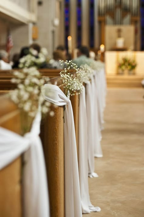 Aisle Pew Decorations, Aisle Decorations Wedding Pew, Ribbon On Pews For Wedding, Wedding Aisle Ribbon Decor, Chapel Aisle Decor, Pew Decorations Wedding Simple, Chapel Pew Wedding Decorations, Pew Decor Wedding, Decorating Pews For Wedding