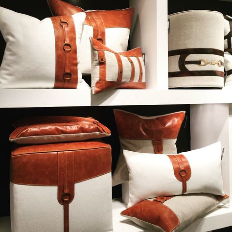 These fabulous new linen and leather pillows and ottomans just arrived from Fall market. Saddle leather. Textural oatmeal linen. Beautiful stitching and detail. Leather Pillows, Luxury Pillows Decorative, Fall Market, Beaded Pillow, Leather Throw Pillows, Luxury Pillows, Soft Design, Furniture Market, Diy Sofa