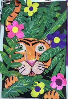 Elements of the Art Room: 3rd Grade Painted Paper Henri Rousseau and Cassie Stephens inspired Tiger Collage Henri Rousseau Tiger, Painted Paper Art Projects, Grade 3 Art Lessons, Spring Art Lessons Elementary, Cassie Stephens Art Lessons, Grade 3 Art Projects, Kindergarten Art Projects Easy, Matisse Art Project, Tiger Collage