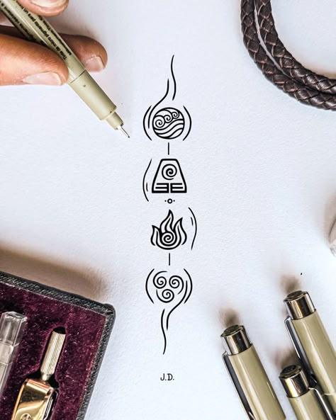 Tattoo Of The Elements, Avatar Elements Symbols Tattoo, The Four Elements Tattoo, Four Elements Tattoo Symbols, Elemental Tattoo Ideas, 4 Elements Tattoo Minimalist, Avatar Elements Tattoo, Tattoo Ideas Male Leg, Leg Tattoo Drawings