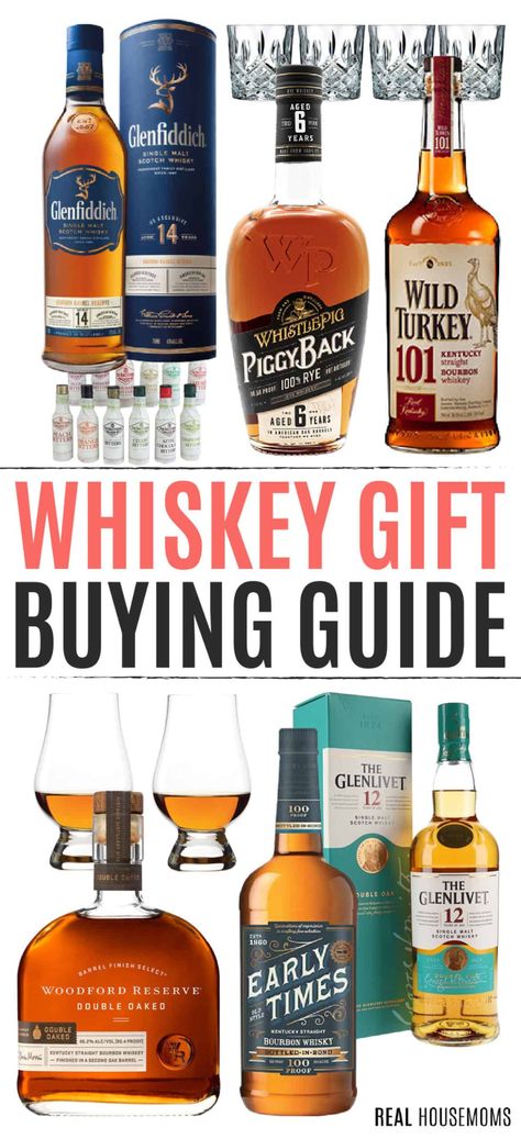 From connoisseurs to intro-level sippers, this Whiskey Gift Buying Guide will make holiday shopping a breeze and put smiles on faces! #RealHousemoms #whiskey #bourbon #scotch #whiskeygift #christmas #gifts #cocktail Whiskey Gift Baskets For Men, Whisky Gifts For Men, Whiskey Gifts For Men Christmas, Gift Buying Guide, Coworkers Christmas, Personalized Whiskey Glass, Whiskey Gifts, Cocktail Gifts, Personalized Whiskey