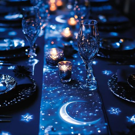 Mystical midnight dining room with a blue table runner featuring silver moons and stars. Crystal balls, dark florals, and LED candles enhance the theme, perfect for Halloween gatherings. This setup offers an eerie yet magical setting for a memorable evening. Ideal for DIY enthusiasts seeking a celestial-inspired celebration. Mystic Party, Halloween Dining Room, Moon Table, Candles Dark, Dark Florals, Blue Table Runner, Moons And Stars, Flower Moon, Dining Room Ideas