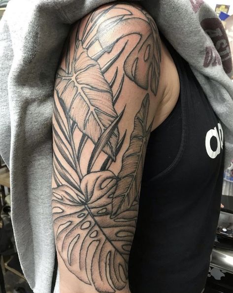 Tropical Leaves Tattoo, Tropical Tattoos, Tattoo Leaves, Natur Tattoo Arm, Jungle Tattoo, Tropical Tattoo, Leaves Tattoo, Tattoos Floral, Muster Tattoos