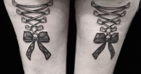 Ribbon Bow Tattoo, Tie Tattoo, Bow Tattoo Thigh, Bow Tie Tattoo, Corset Tattoo, Back Of Leg Tattoos, Bow Tattoo, White Tattoo, Cross Tattoo