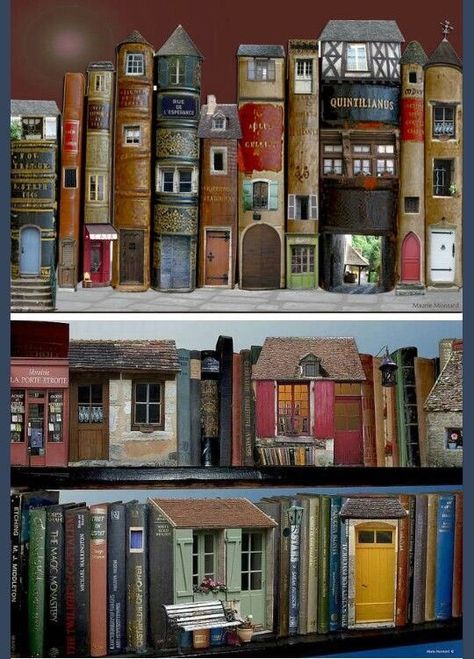 helen warlow on Twitter: "‘Village of Books. By Marie Montard   Clever person.… " Philosophy Books, Bookshelf Diorama, Book Village, Whimsical Houses, Old Book Crafts, Bookshelf Art, Recycled Books, Houses Ideas, Book Promotion