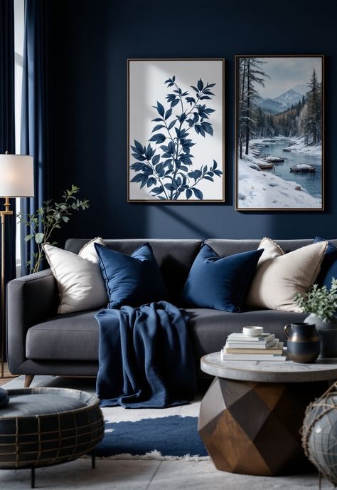 Dark Grey Couch Living Room Grey Living Room With Navy Accents, Blue Living Room Grey Sofa, Grey Couch Blue Accents, Blue And Grey Home Decor, Indigo Sofa Living Rooms, Black White Navy Living Room, Living Room Designs Dark Grey Couch, Dark Blue Sofa Living Room Decor, Navy Blue And Gray Living Room Decor