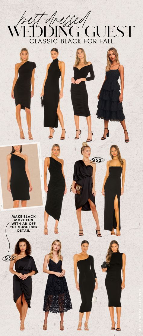 One Sleeve Wedding Guest Dress, September Wedding Guest Dresses, November Dresses For Wedding Guest, Wedding Guests Wearing Black, Guests Wearing All Black To Wedding, Fall Evening Wedding Guest Dress, Fall Wedding Cocktail Dress, Early Fall Wedding Guest Dress, Wedding Dress Guest Fall