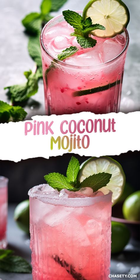 Strawberry Coconut Mojito, Pink Coconut Mojito, Pink And Green Cocktail, Coconut Mojito Mocktail, Pitcher Mock Tails, Mojito Flight, Easy Beach Drinks, Flavored Mojitos, Pink Mocktails Non Alcoholic