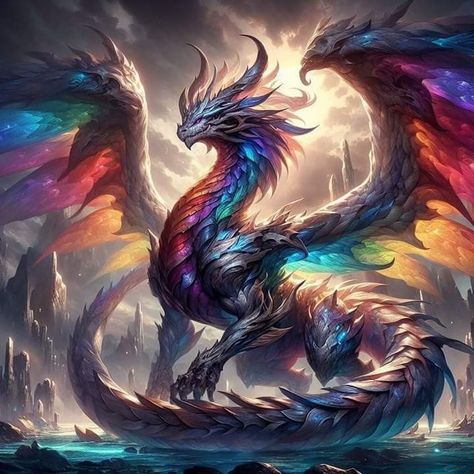 Fantasy Dragon Concept Art, Prismatic Dragon, Dragon Fantasy Art, Tiamat Dragon, Neon Dragon, Dragon God, Elemental Dragons, Rainbow Dragon, Legendary Dragons