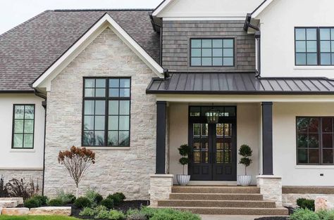 Traditional meets contemporary in this refreshing family home in Indiana Black And White Transitional House Exterior, Stone With Stucco Exterior, Smooth Stucco And Stone Exterior, Pella Lifestyle Series Black, White Stone And Stucco House Exterior, Stone And Stucco Exterior Houses, Shaker Siding And Stone Exterior, Indiana Limestone House Exterior, Limestone And Stucco Exterior