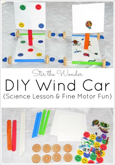 This DIY Wind Car is an awesome science lesson and fun fine motor activity for kids! Wind Powered Car, Wind Experiments Preschool, Wind Car, Color Science, Engineering Activities, Fine Motor Activities For Kids, Science Lesson, Steam Activities, Rainbow Paper