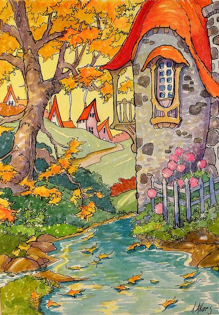 The Autumn Pool Storybook Cottage Series | by cottagelover1953 Art Deco Cottage, Cottage Illustration, Storybook House, Cottage Painting, Storybook Art, Storybook Cottage, Cute Cottage, Cottage Art, House Illustration