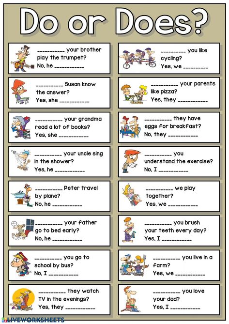 Do or does interactive and downloadable worksheet. You can do the exercises online or download the worksheet as pdf. Do Does Questions Worksheet, Do Or Does Worksheet, Grammar For Kids, Grammar Exercises, Teaching English Grammar, English Exercises, Learning English For Kids, English Phonics, English Grammar Worksheets