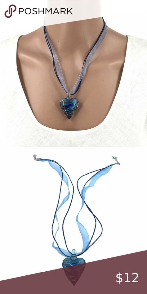 Art Glass Heart Pendant Blue Chord Ribbon Necklace Adjustable Length Closet Art, Ribbon Necklace, Glass Heart, Necklace Length, Heart Pendant, Art Glass, Necklace Lengths, Glass Art, Vintage Jewelry