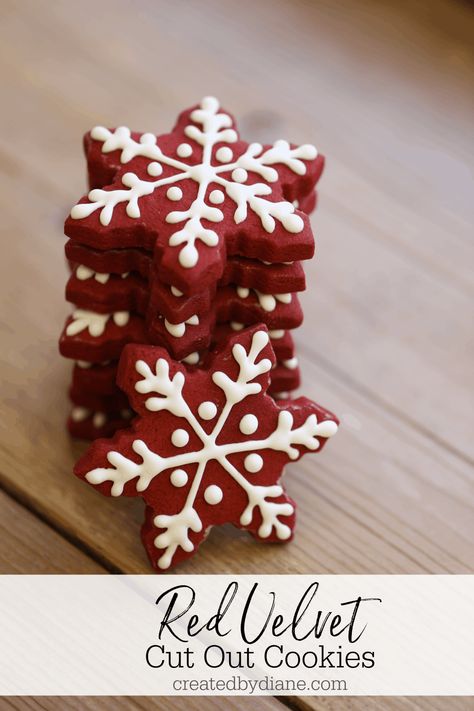 red velvet snowflake cut out cookies createdbydiane.com Natal, Gingerbread Cutout Cookies Recipe, Christmas Shaped Desserts, Peppermint Cutout Cookies, Red Velvet Spritz Cookies, Christmas Shaped Cookies, Types Of Christmas Cookies, Korean Christmas Cookies, Cute Christmas Cookies Recipes