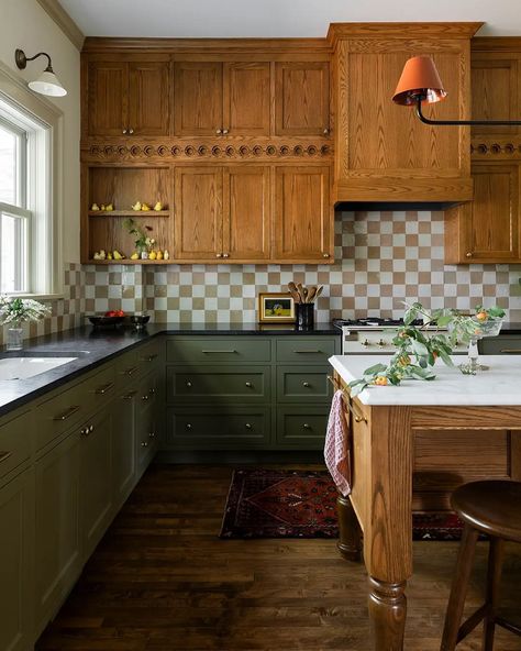 Taking a cue from the Queen Anne style home’s facade, Deidre Webster of @studio_day_design tasked their contractor at @edgertonandco and… | Instagram Colorful Cabinets Kitchen, Vintage Eclectic Kitchen, Brass Kitchen Cabinet Hardware, Edwardian Homes, 1920s Home Renovation, 1920s Kitchen, Kitchen Colours, Victorian House Interiors, Old World Kitchens