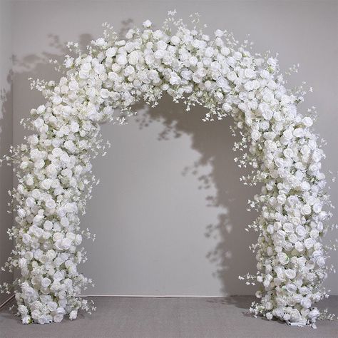 all the flowers garland are handmade,they are all  using the same high-quality silk flowers. but they will  not be as 100% same style flowers as the picture  if you choose the flower set the package including flower arch set it including:all flower set and the 1.5m white round stand,balloon 🌷our flower garland is the best one for you our flower garland is very flexible, so it can be bent,  displayed on an arch,used as a table or aisle runner,  or as display on the head table 🌷wide use applicat Natal, Wedding Rose Arch, Artificial Flower Arch Wedding, White Rose Ceremony Arch, White Rose Flower Arch, Wedding Table White Roses, All White Florals Wedding, Winter Wedding White Flowers, Flowers Lining The Aisle