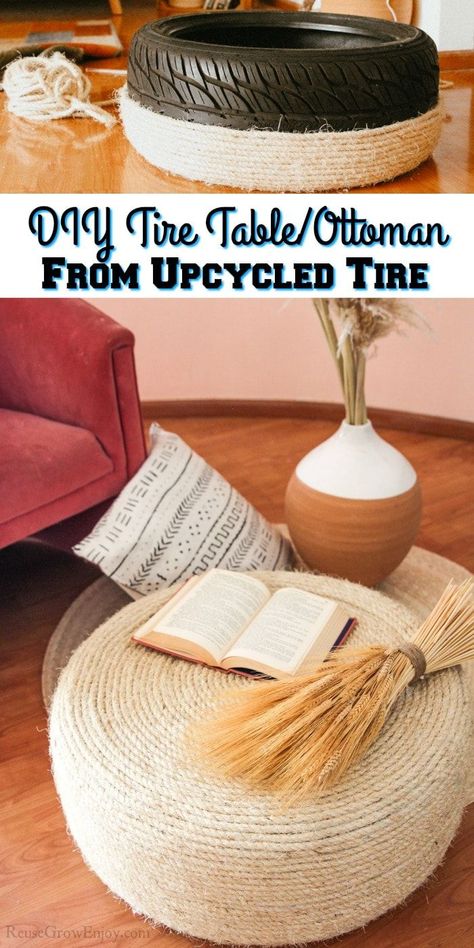 Think twice before you toss those old tires! I will show you how to make this DIY tire table / tire ottoman! Super easy to do too. Tire Ottoman, Diy Tire, Tire Table, Diy Ottoman, Diy Boho Decor, Painted Furniture Diy, Diy End Tables, Diy Sofa Table, Old Tires