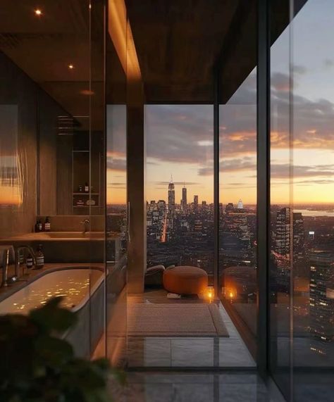 City House Interior, Luxury Hotel Room Aesthetic, Luxury Penthouse Bedroom, Apartamento New York, Penthouse Aesthetic, Appartement New York, City View Apartment, Apartment View, Dream Apartment Decor