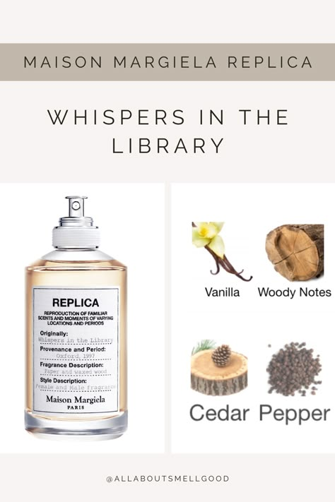 Maison Margiela Replica Whispers in the Library eau de toilette Notes: peppery vanilla, precious woods, cedar, vanilla Maison Margiela Whispers In The Library, Replica Perfume Whispers In The Library, Replica Vanilla Perfume, Replica Perfume Vanilla, Whispers In The Library Perfume, Vanilla Woods Perfume, Library Perfume, Replica Whispers In The Library, Whispers In The Library