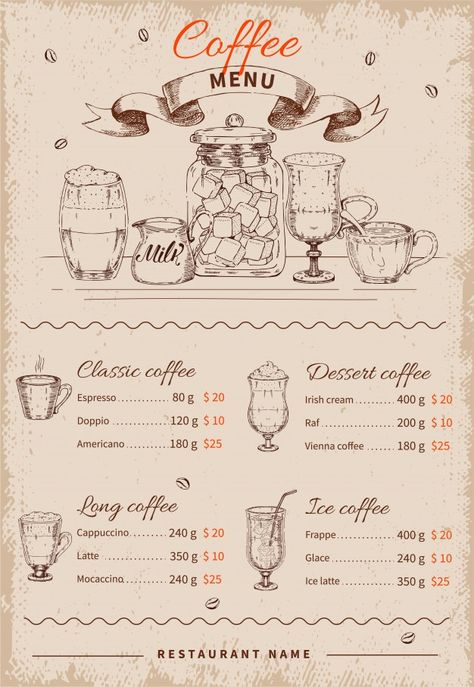 Coffee hand drawn restaurant menu | Free Vector #Freepik #freevector #food #menu #coffee #hand Coffee Menu Design, Drink Menu Design, Menu Coffee, Menu Vintage, Menu Board Design, Menu Design Inspiration, Cafe Menu Design, Vintage Bakery, Menu Card Design