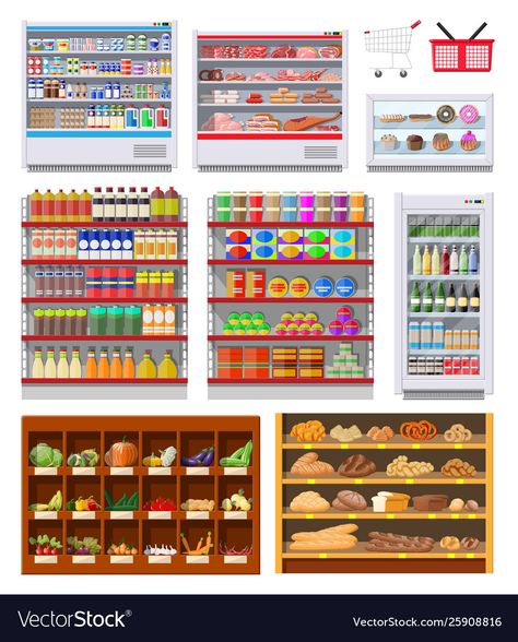 Store Illustration, Grocery Supermarket, Pouring Wine, Supermarket Shelves, Food Boxes, Glass Dispenser, Illustration Flat, Grocery Foods, Store Shelves