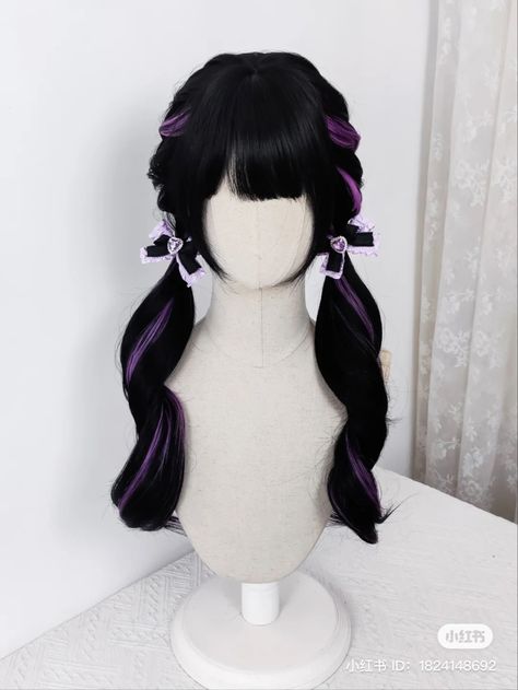 Kuromi Hairstyle, Scaramouche Wig Styled, Black Gothic Wig, Kawaii Wigs Black, Harajuku Wig, Black Cosplay Wig, Purple Hair Highlights, Manga Hair, Kawaii Hairstyles