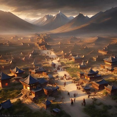 beautiful mongolian village with a royal palace and... | OpenArt Mongolian Village, Landscape Fantasy Art, Digital Art Landscape, Mongolian Landscape, James Gurney, Greg Rutkowski, Winter Palace, Matte Painting, Landscape Decor