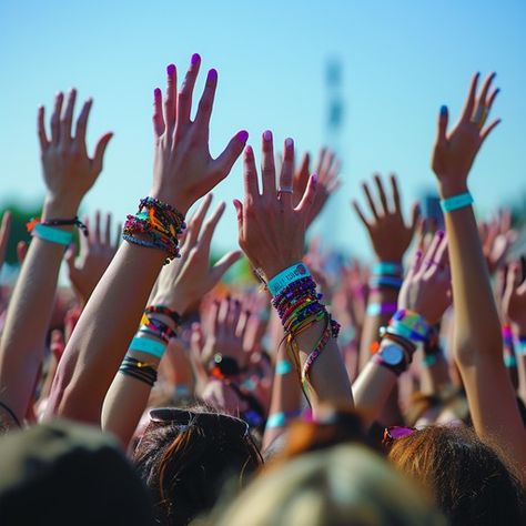 StockCake A sea of raised hands decorated with colorful bracelets symbolizes the vibrant atmosphere at a festival. Ibiza Clubs, Concert Crowd, Young Wild Free, Spring Event, Coachella Festival, Good Times Roll, Summer Concert, Festival Vibes, Wild And Free